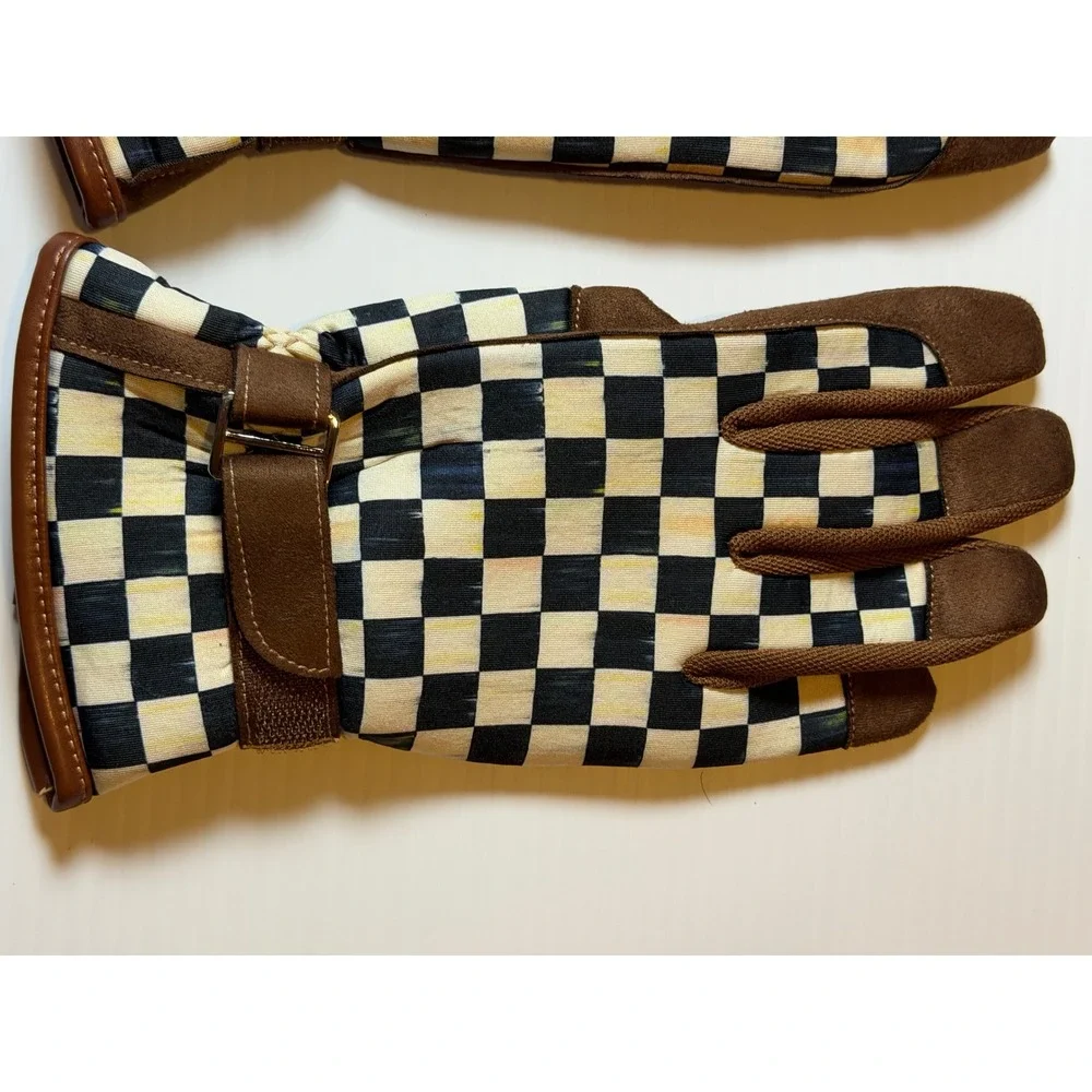 MacKenzie-Childs Courtly Check Garden Gloves Black Tan Brown Patterned One Size